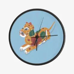 Tiger With Flowers On Blue Background Clock