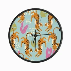 Prancing Tiger Pattern On Blue With Tropical Leaves Clock