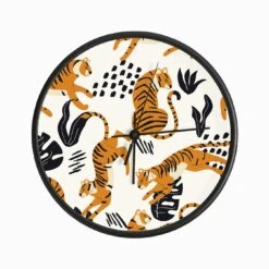 Tiger Pattern On White With Dark Tropical Leaves Decoration Clock