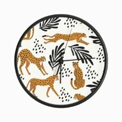 Tropical Cheetah Pattern On White With Black Florals And Decoration Clock