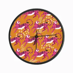 Bright Pink Tiger Pattern On Vibrant Orange Pattern With Decoration Clock