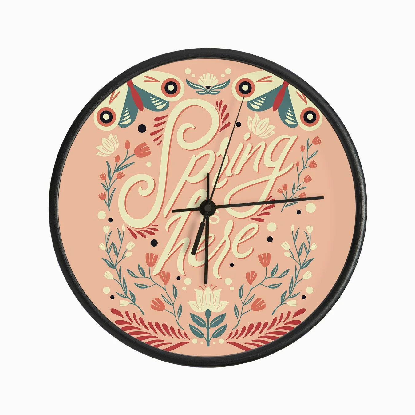Spring Is Here Hand Lettering With Flowers And Moths On Pink Clock