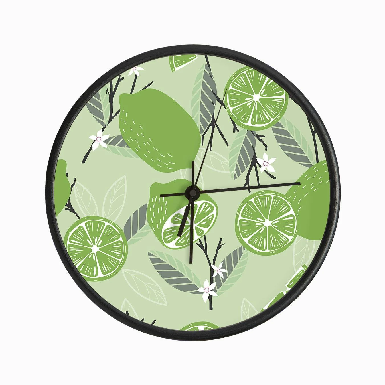 Lime Pattern With Floral Decoration On Pastel Green Clock