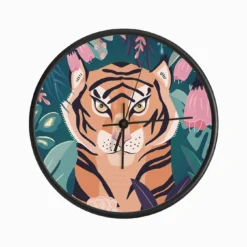 Tiger Portrait With Florals On Green Clock