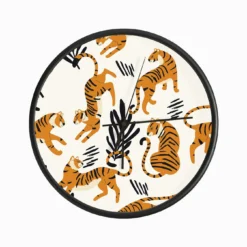 White Tiger Pattern With Floral Decoration On White Clock