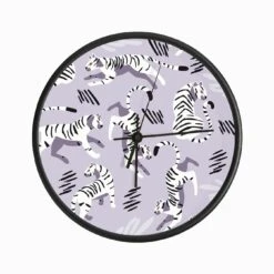White Tiger Pattern On Pastel Purple Clock