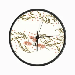 Golden Florals On White Pattern Clock