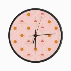 Geometric Pattern With Bright Orange Sunshine On Light Pink Clock
