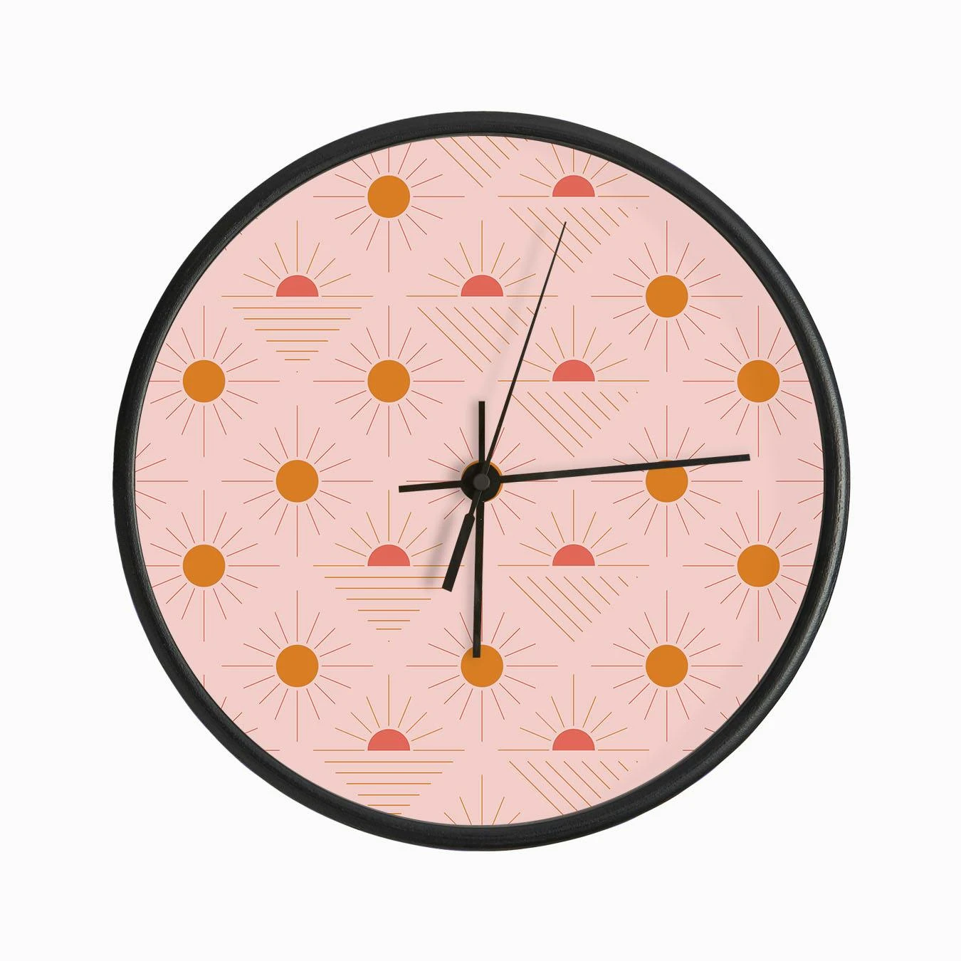 Geometric Pattern With Bright Orange Sunshine On Light Pink Clock