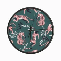 Pink Tiger Pattern On Green With Decoration Clock