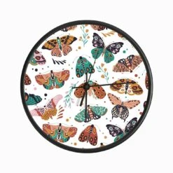 Colorful Hand Drawn Moths And Butterflies Pattern With Florals On White Clock
