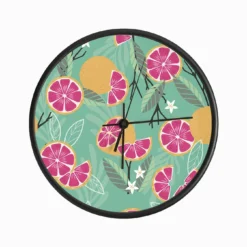Grapefruit Pattern With Florals And Branches On Green Clock