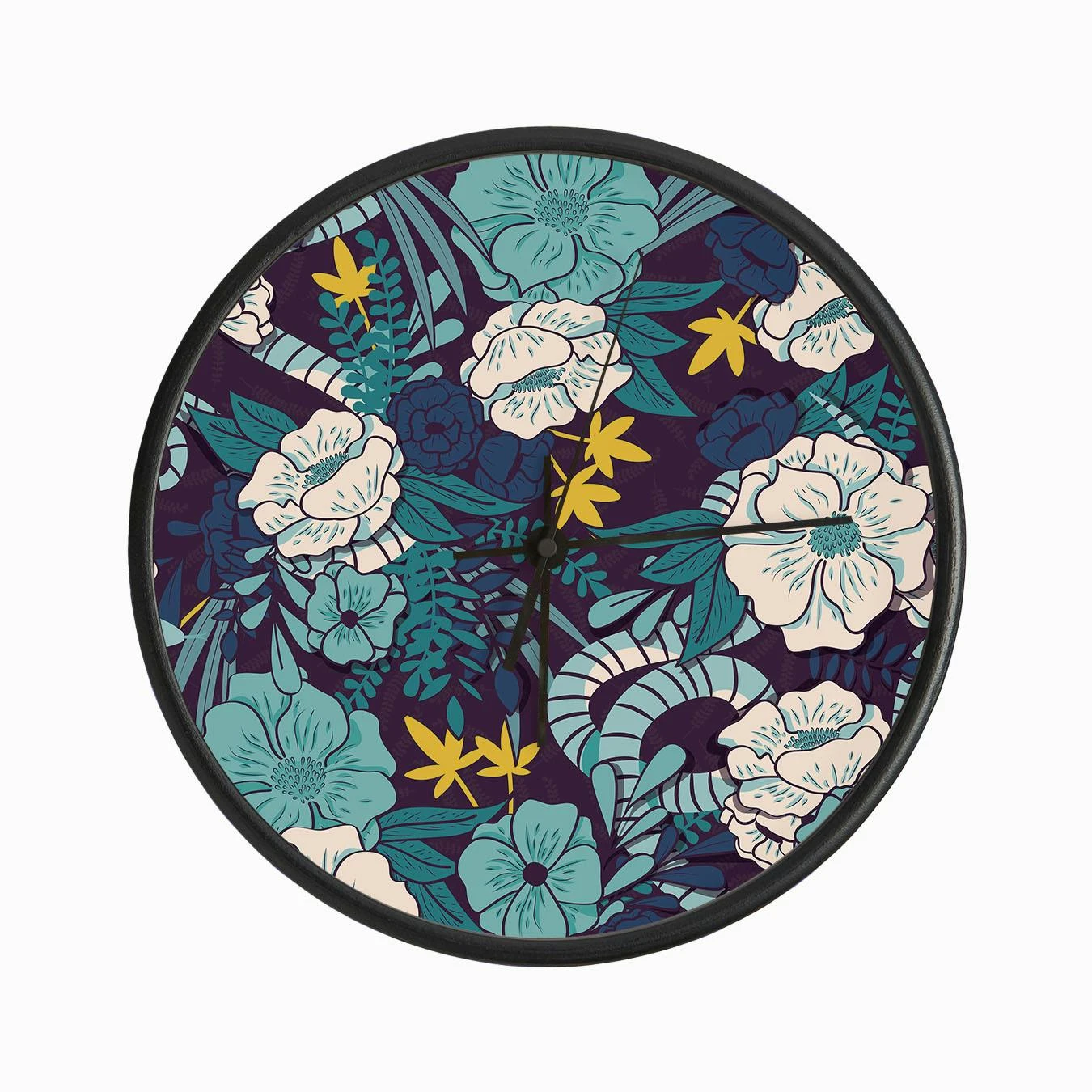 Flower And Floral Pattern On Purple With Blue And Yellow Decoration Clock