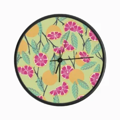 Grapefruit Pattern On Lime Green With Floral Decoration Clock