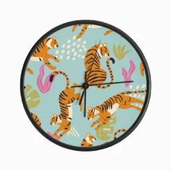 Tiger Pattern On Blue With Tropical Leaves Clock