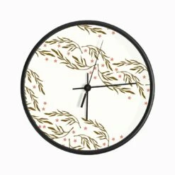 Golden Florals Pattern On White With Coral Flowers Clock