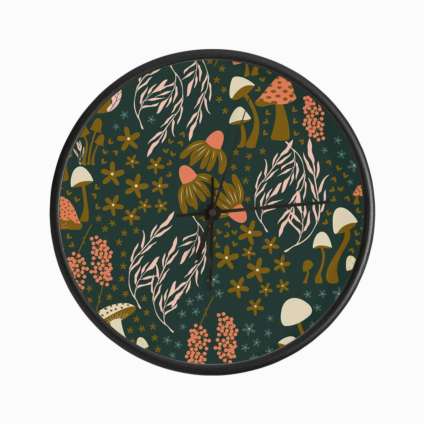 Golden Mushroom Pattern On Green Clock