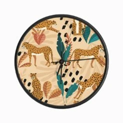 Tropical Cheetah Pattern On Beige With Colorful Florals And Decoration Clock