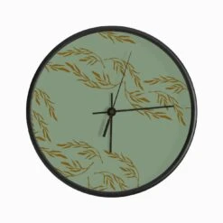 Golden Florals On Green Pattern Clock