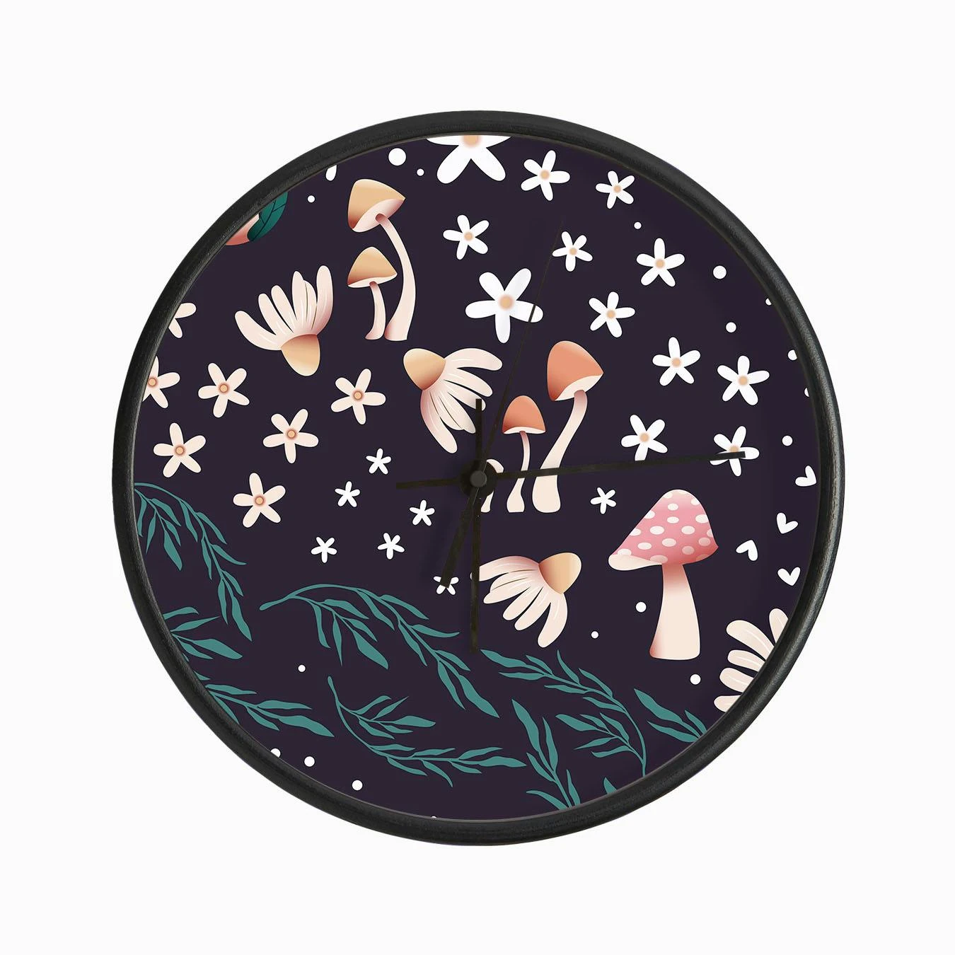 Mushroom Pattern On Purple With Florals Clock