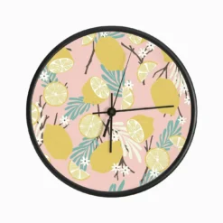 Lemon Pattern On Pink With Colorful Florals Clock