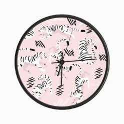 White Tiger Pattern On Pastel Pink Clock