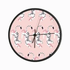 Prancing White Tiger Pattern On Pink Clock