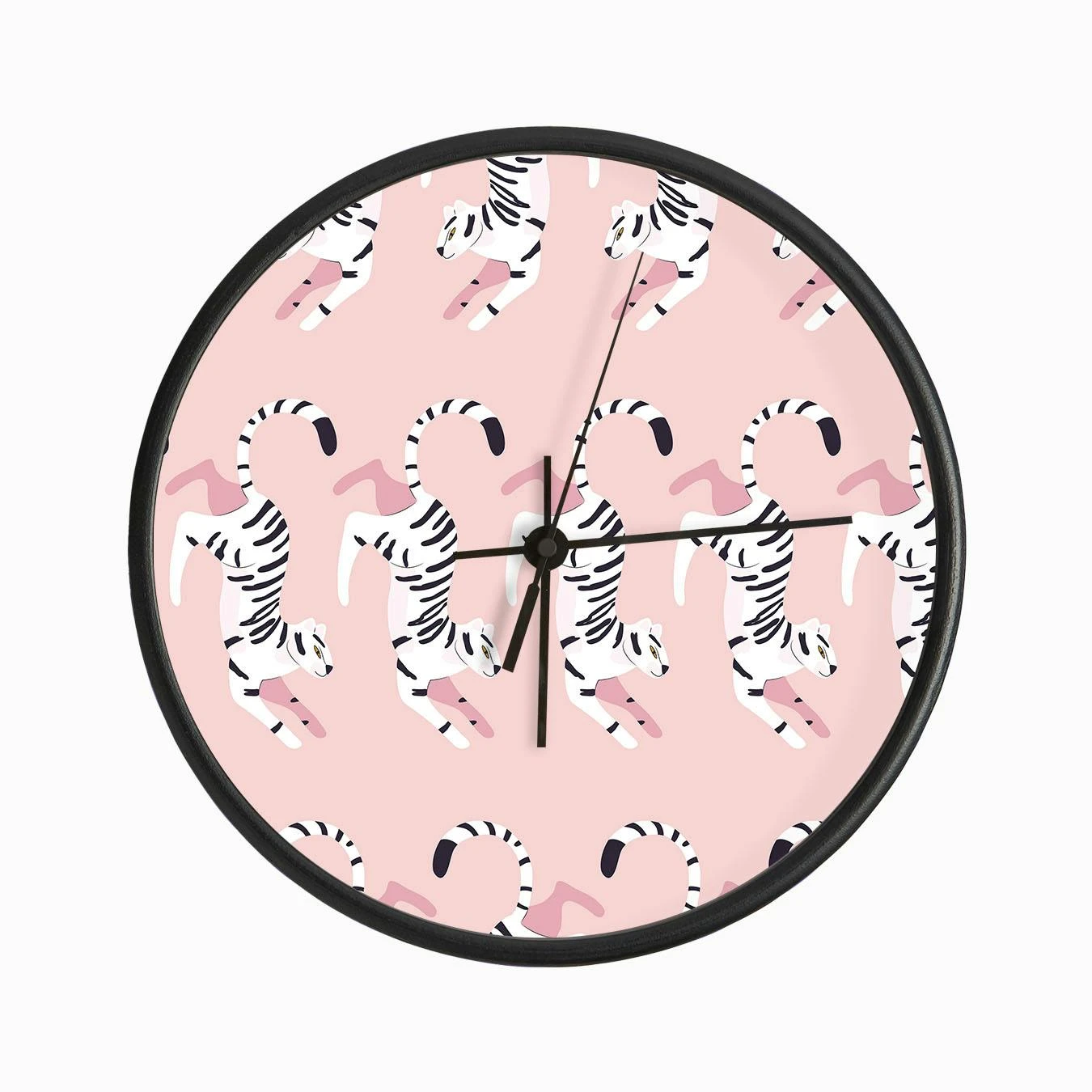 Prancing White Tiger Pattern On Pink Clock