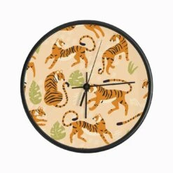 Tiger Pattern On Beige With Green Tropical Leaves Clock