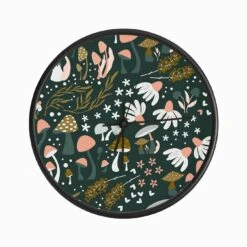Mushrooms And Flower Pattern On Green Clock