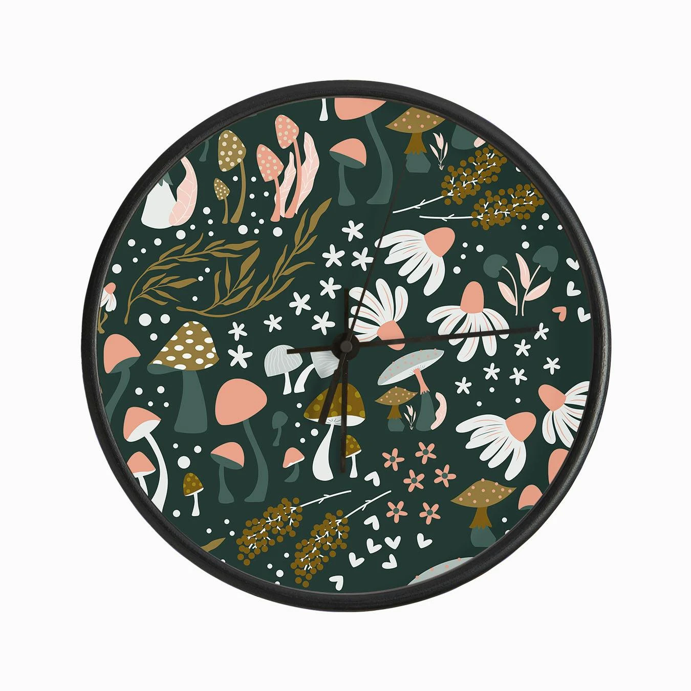 Mushrooms And Flower Pattern On Green Clock