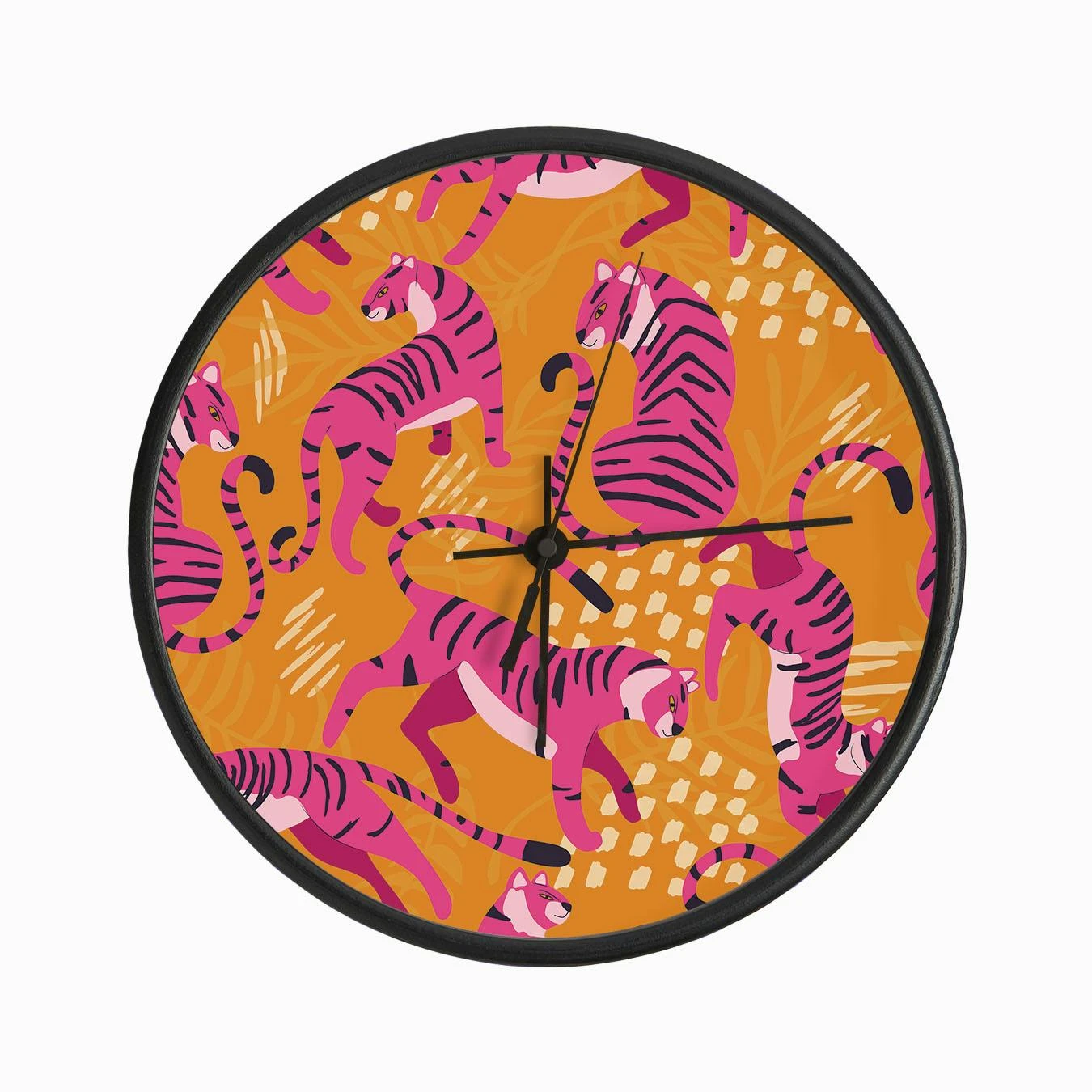 Vibrant Pink Tigers On Bright Orange Pattern Clock