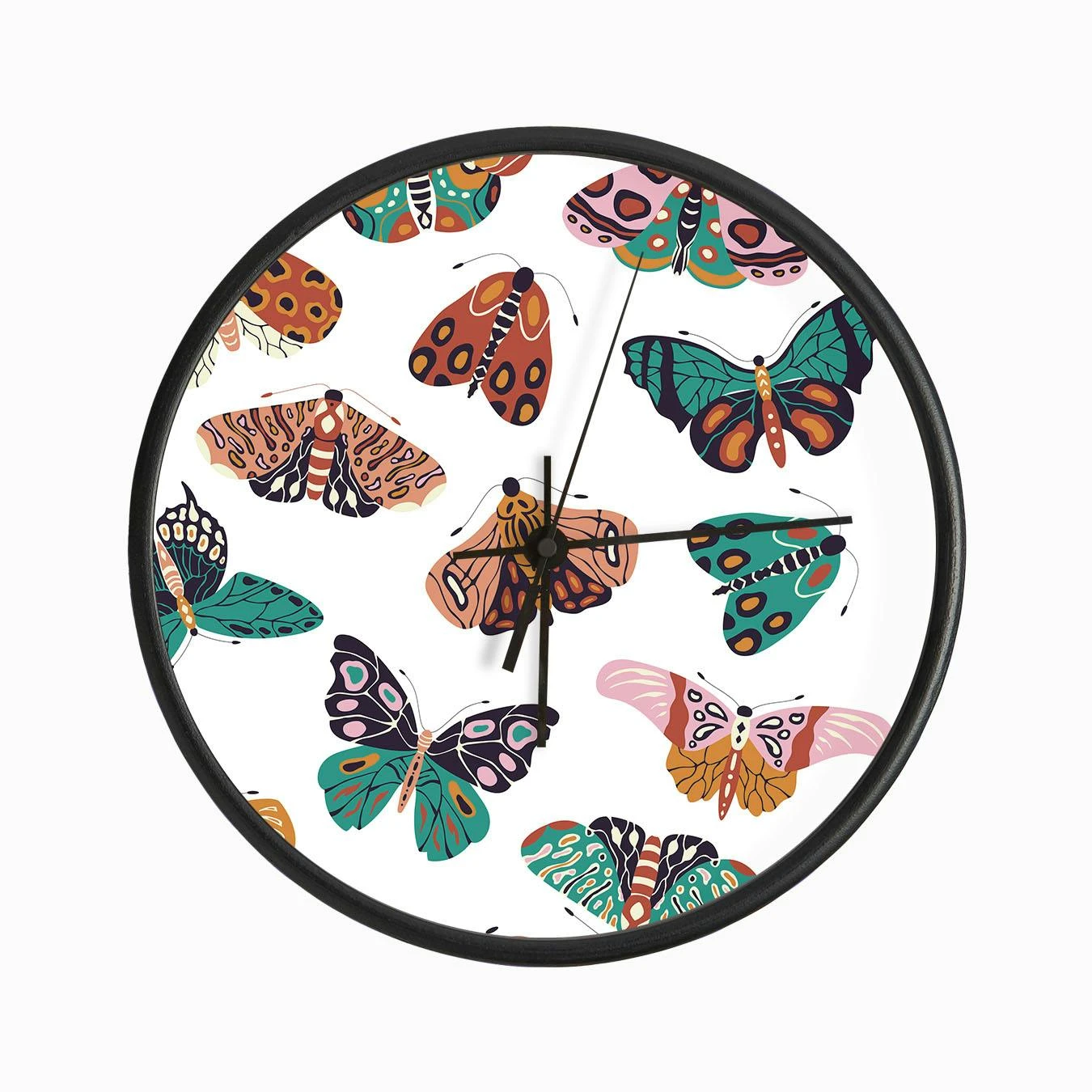 Colorful Hand Drawn Moths And Butterflies Pattern On White Clock