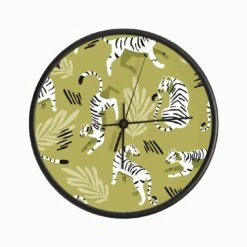 White Tiger Pattern On Light Green Clock