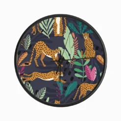 Tropical Cheetah Pattern On Deep Purple With Colorful Florals And Decoration Clock