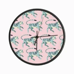 Blue Tiger Pattern On Pink Clock