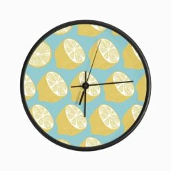 Lemon Pattern On Pastel Blue Clock