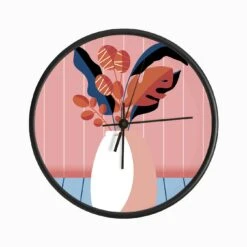 Vase With Decorative Florals On Light Pink And Blue Background Clock
