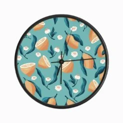Lemon Pattern With Flowers On Blue Clock