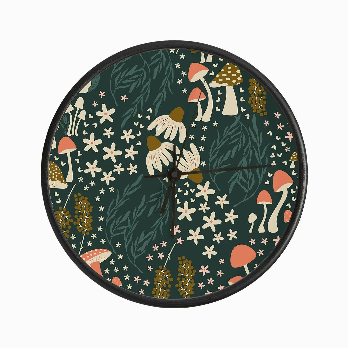 Mushroom Pattern With Flowers On Green Clock