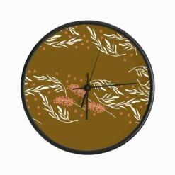 White Floral Pattern On Golden Background Clock
