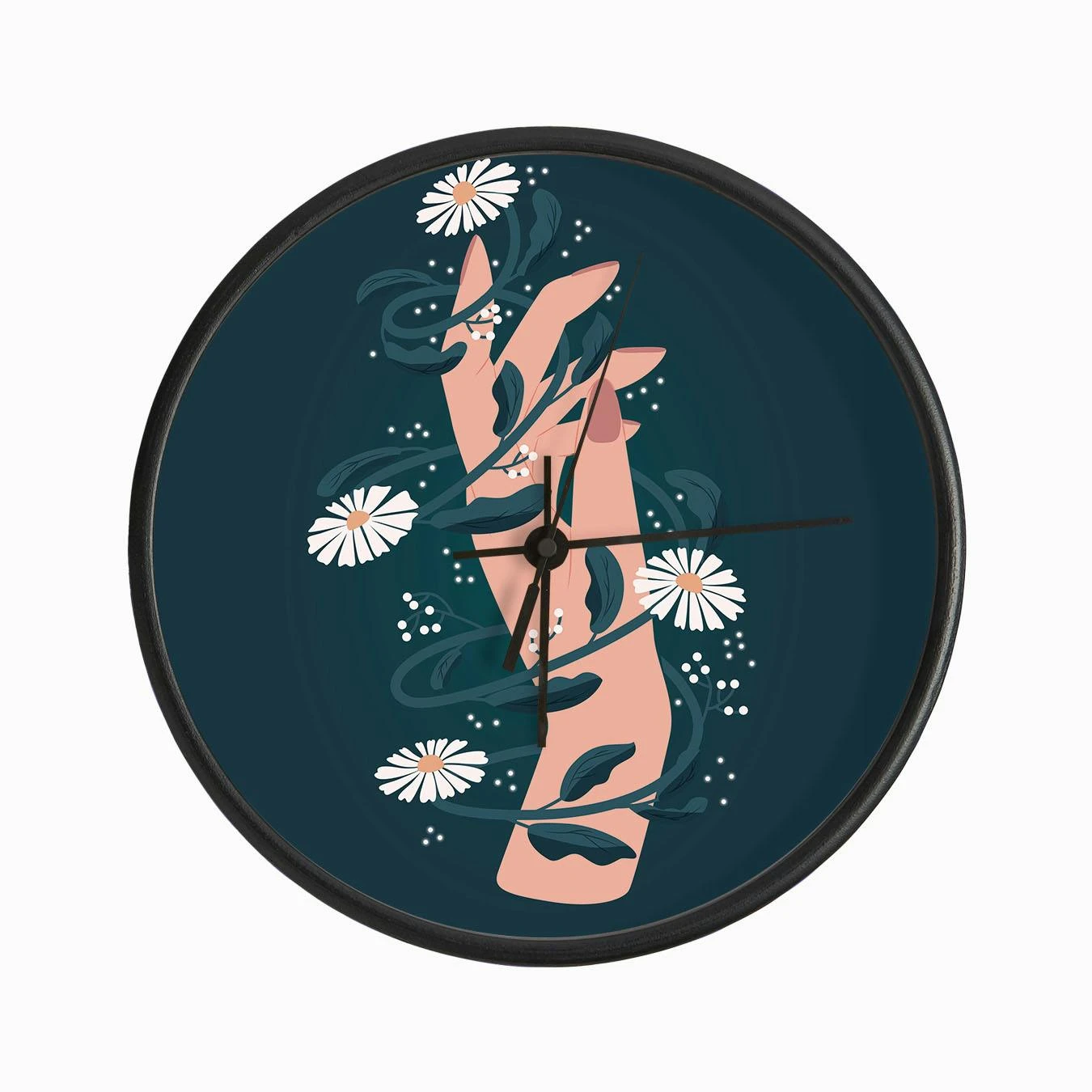 Elegant Hand Surrounded With Flowers On Deep Blue Clock