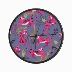 Vibrant Pink Tiger Pattern On Purple With Colorful Florals Clock