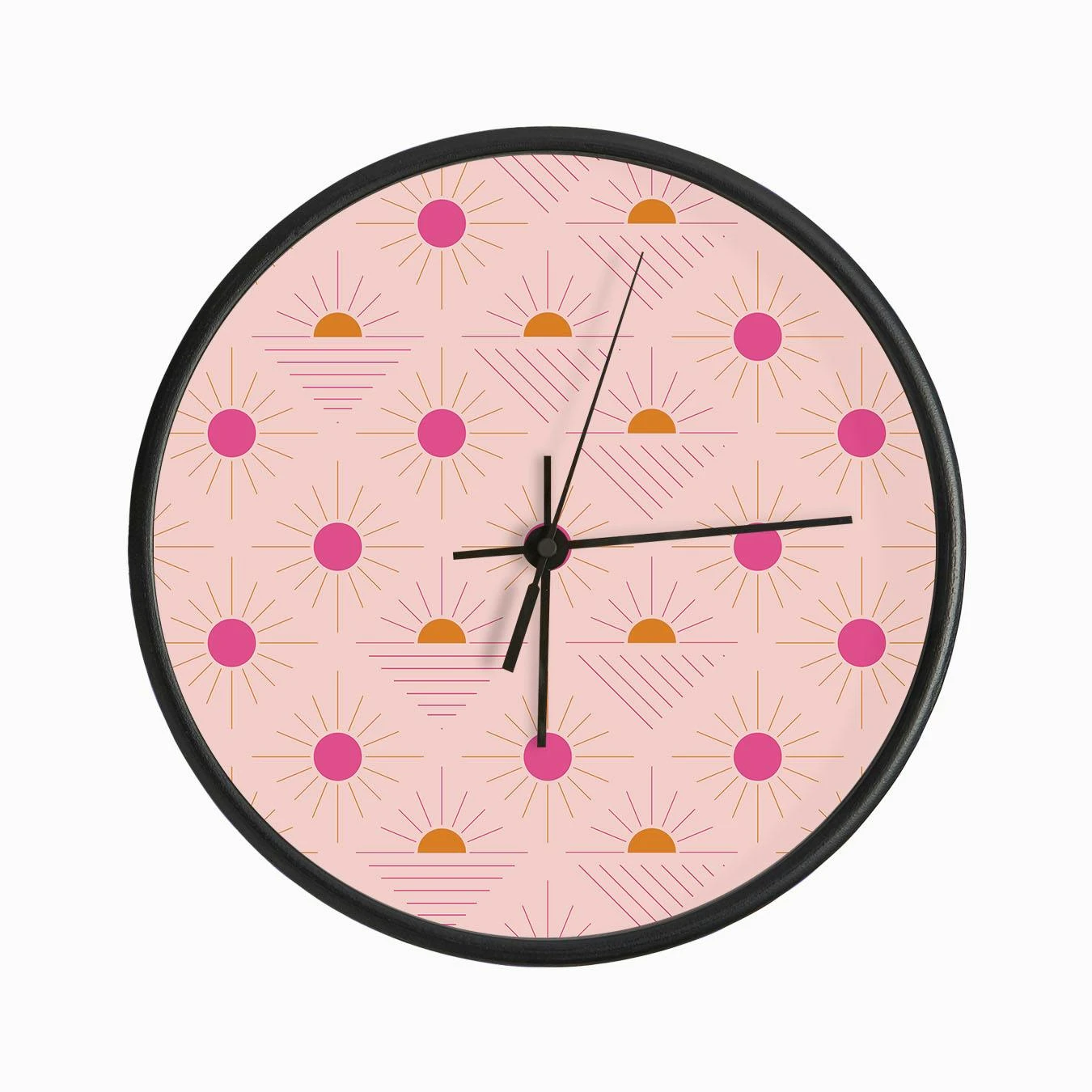 Geometric Pattern With Bright Pink And Orange Sunshine On Light Pink Clock