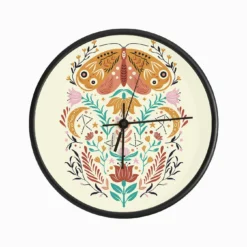 Colorful Moth With Florals On Light Yellow Clock