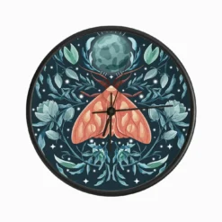 Night Orange Moth On Floral Blue Background And Moon Clock