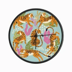 Tigers On Blue With Tropical Leaves Clock