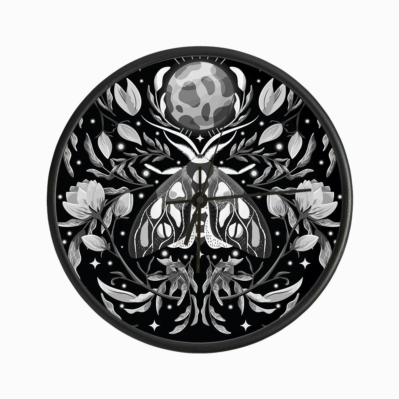 Night Black And White Moth On Floral Background And Moon Clock