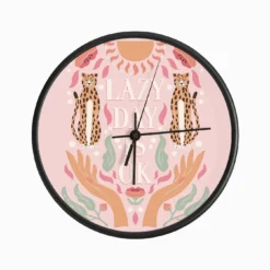 Lazy Day Is Ok Typography With Cheetahs, Open Hands And Florals On Pink Clock