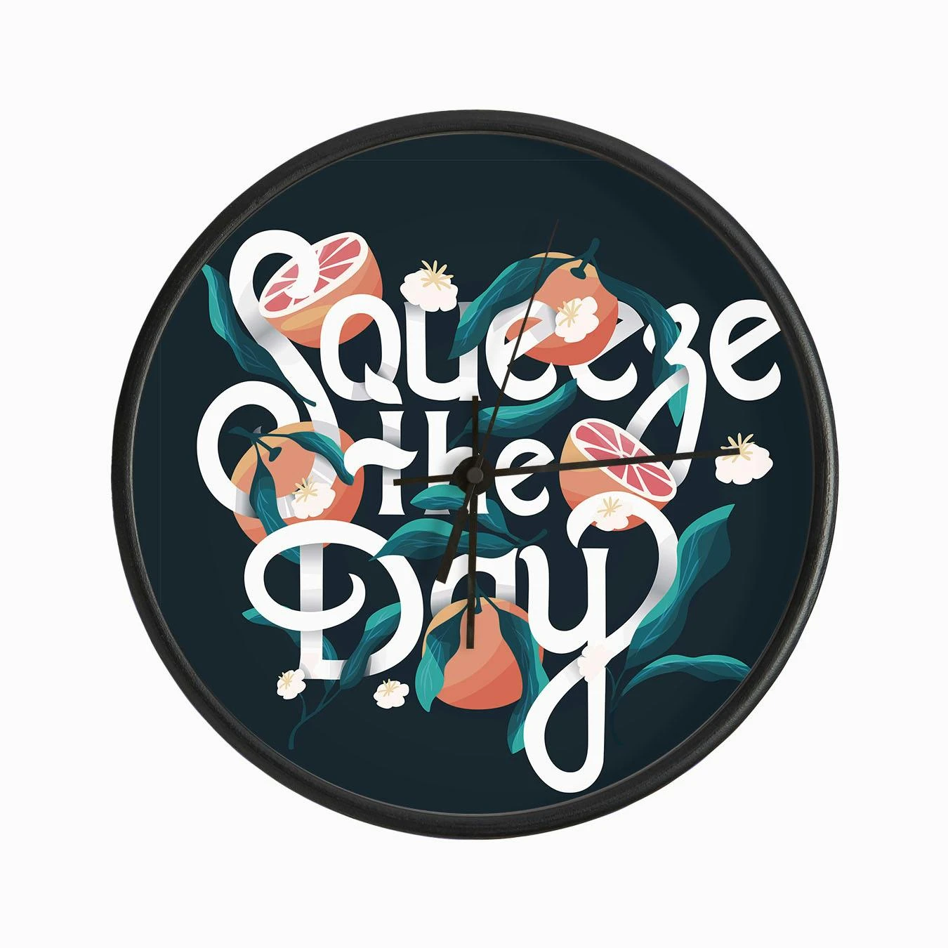 Squeeze The Day Hand Lettering With Oranges On Blue Clock